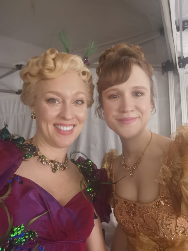 Sophie and Kitty selfie and smile in full Bridgerton regency style costume and makeup